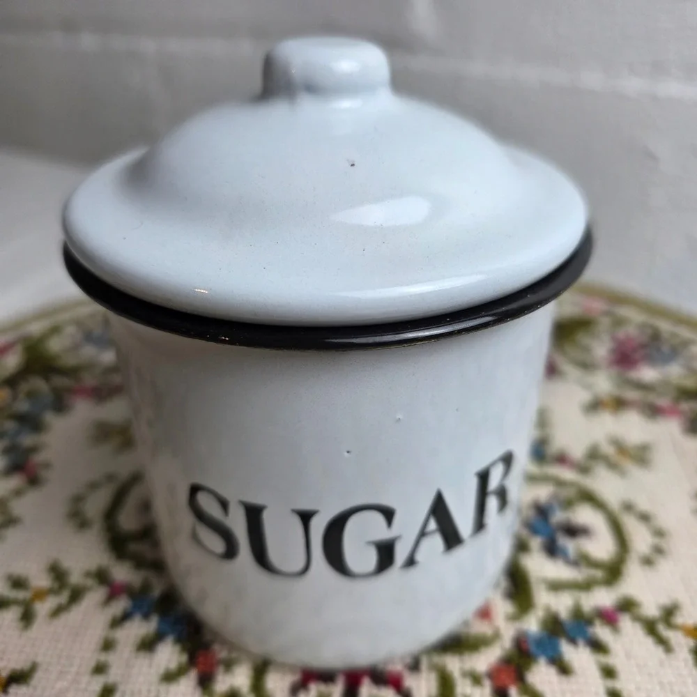 White Enamel Canister Set 3pc Farmhouse Coffee Tea Sugar Kitchen Storage Jars